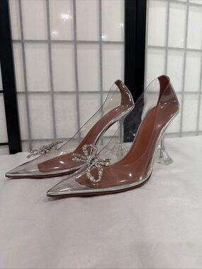 Amina Muaddi Clear PVC Pointed Pumps with Pink-Tan Insole & Crystal Bow